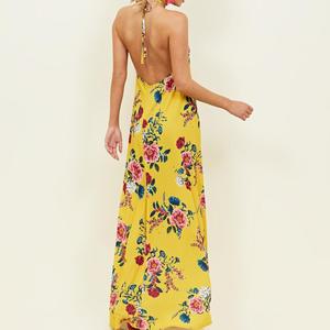 Delle signore giovane ragazza di estate lungo fiore <span class=keywords><strong>Giallo</strong></span> Floreale Halterneck Aperto Indietro Maxi Vestito - Product Image 2