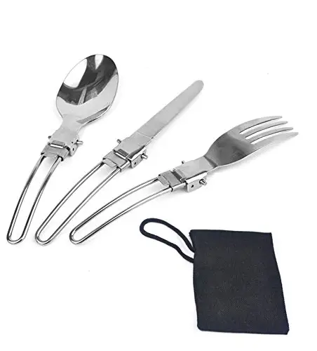 3 pezzi in acciaio inox coltello portatile forchetta e cucchiaio di campeggio di picnic utensile da viaggio posate set con una custodia in nylon