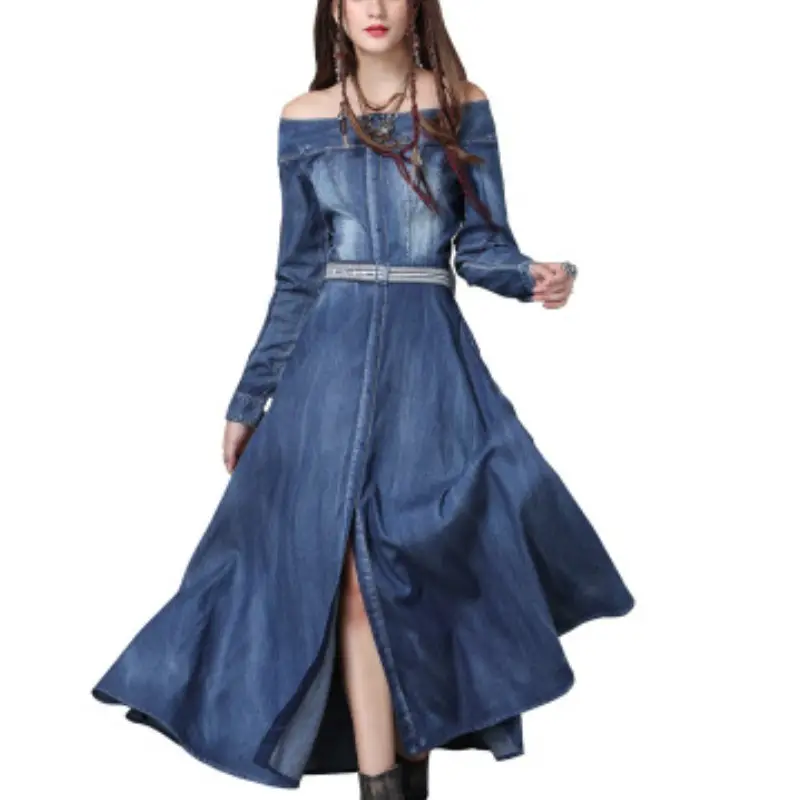 Vintage bordado cinturón de cuello largo de Denim de manga vestido elegante de las mujeres ropa de otoño pantalones vaqueros largos vestidos E82050