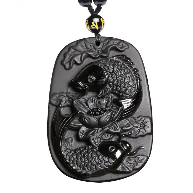 Collier en obsidienne noire pour homme, sculpture Fine naturelle, pendentif de deux poissons et Lotus, bijoux de guérison, cadeau d'énergie, Reiki