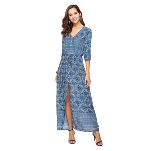 Stampa della boemia vestito lungo delle donne maxi vestito lungo con stampa floreale retro hippie abiti chic marchio di abbigliamento vestito da boho con botton