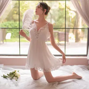 Wholesale White Lace Sexy Babydoll Satin Nightdress Sleepwear