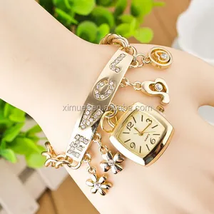 Hottest sale women gold charmed wrist watch bracelet watch