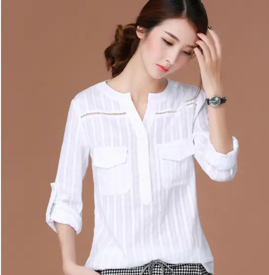 Lady's shirt white large size casual dress shirt long sleeve V collar professional shirt blouse