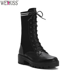 Alla moda Della Signora Della Piattaforma Calzature Piatto Stivali Da Combattimento Scarpe Da <span class=keywords><strong>Donna</strong></span> Rotonda Stretch Lavorato A Maglia Calzino Stivali In Pizzo Up Della Caviglia del Cuoio Genuino Stivali - Product Image 1