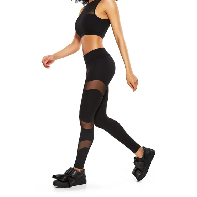 New Style Digital Print Yoga Pants Black Leggings Workout Mesh Leggings And Sports Bra Set