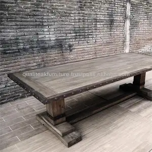 โต๊ะอาหารทำจากไม้สักขอบทำจากเหล็กสไตล์ฝรั่งเศสแบบโบราณพร้อมเหล็กสำหรับห้องรับประทานอาหารในร่ม - Product Image 1