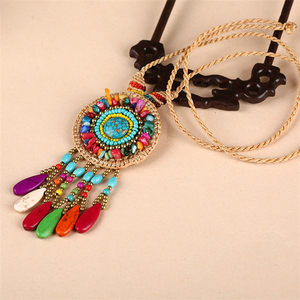 Kalung Rantai Tali Kepang Buatan Tangan, Kalung Gaya Bohemia Rumbai Pirus Perhiasan Populer - Product Image 2
