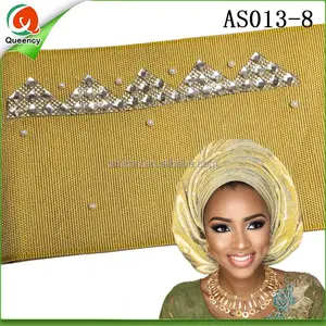 AS013 Queency Wholesale 2017 African Style Nigerian Gold Gele Hayes Headtie Aso Oke with beads