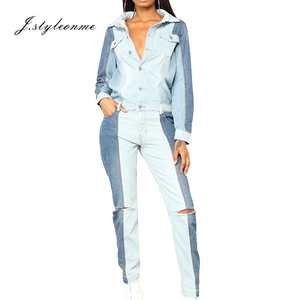 Nuevo diseño mujeres <span class=keywords><strong>Denim</strong></span> Romper Lapel Botón de manga larga roto azul mono - Product Image 1