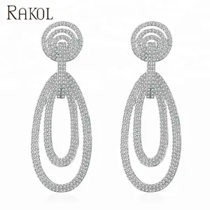RAKOL EP2095 latest vintage earrings silver color CZ zircon big round long dangle earrings bridal jewelry