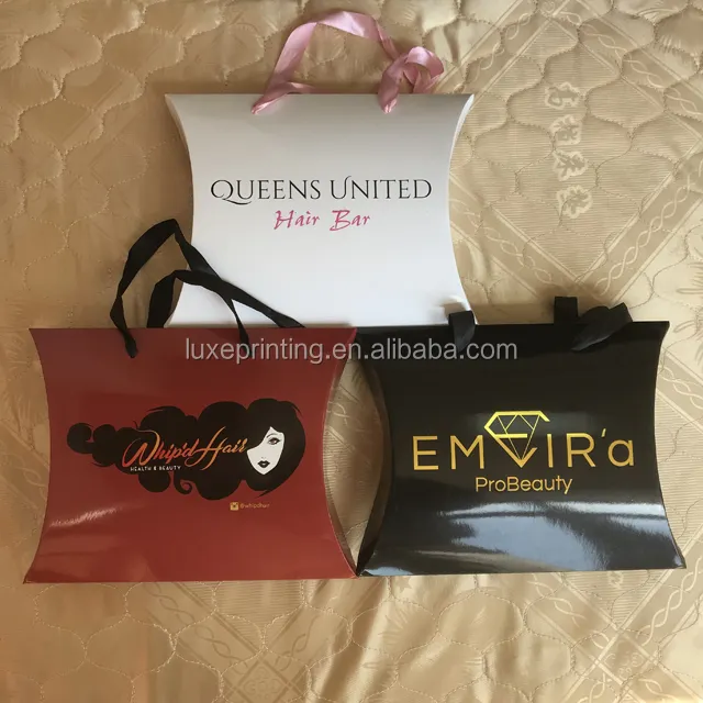 Custom printing logo brand virgin hair bow extensions wigs pillow packages box with gold hot stamping