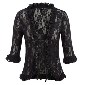 KK WomenのCasual 1/2 Sleeve Tie-Front Ruffles Decorated See-Through Lace Shrug KC000081