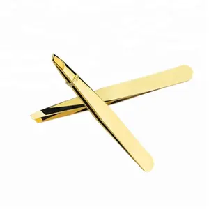 Smooth Stainless Steel Beauty Shiny Golden Slanted Tip Facial Eyebrow Soft Hard Hair Removal Plucking Tweezers