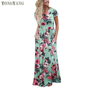 TONGYANG abito lungo da donna con stampa floreale della boemia donna <span class=keywords><strong>manica</strong></span> corta O collo Beach Boho abito lungo abito lungo allentato Plus Size - Product Image 4
