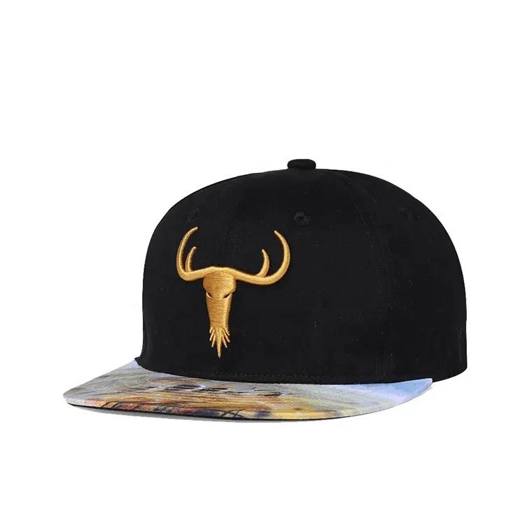 Quality gorro custom printed brims bull 3d embroidery closed back boys snapback cap