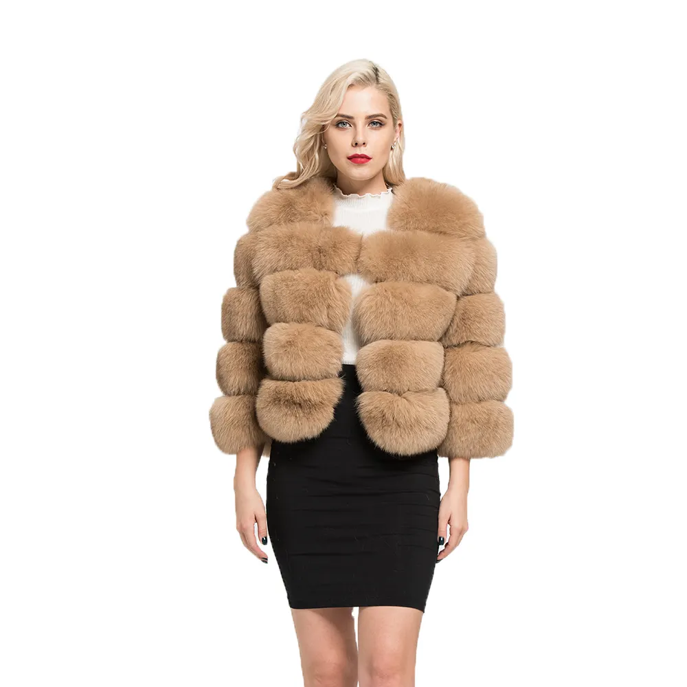 WomenのCoats Real Natural Fox Fur 5 Rows Coat Outwear Winter Thick Warm Fashion Crop Jacket