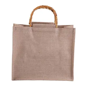 Bolsa de juta feminina, sacola de serapilheira com alça de bambu