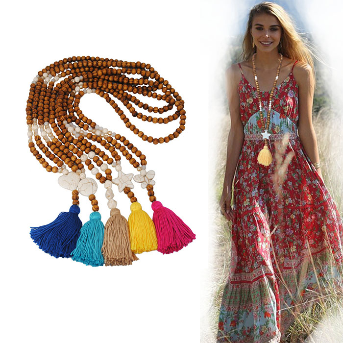 NK-001 2019 Последняя мода из деревянных бусин ювелирные изделия ожерелья с подвесками женские богемные босоножки с разноцветными кисточками кулон ожерелье с длинной цепочкой