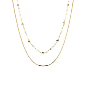 A082A Tối Giản Trang Sức 18K Vàng Chokers 925 Sterling Silver Đúp Chain Layered Vòng Cổ Cho Phụ Nữ