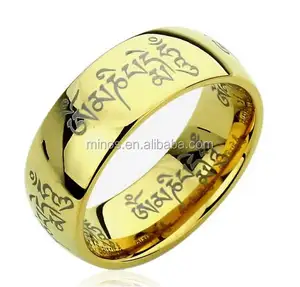 Women's Titanium Comfort Fit Wedding Band Ring 8mm Tibetan Mantra Om Mani Padme Hum Engraved Yellow Tone Ring