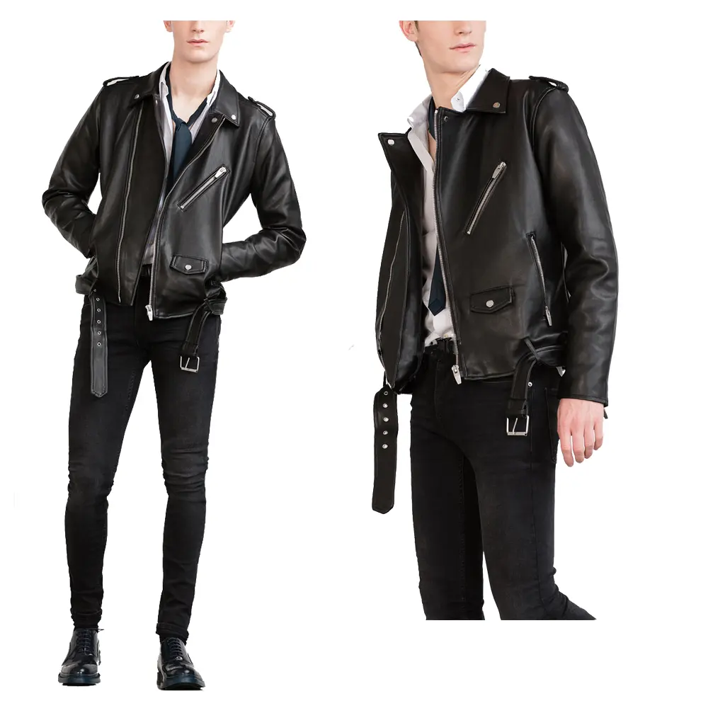 wholesale Biker jacket custom zips and belt mens fashion leather motorcycle jackets for men