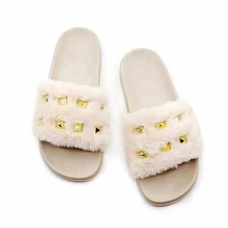 Women's Slippers Fuzzy Slides, Fluffy Sandals Faux Fur Flip Flops Open Toe Soft Indoor Outdoor beige Black Grey