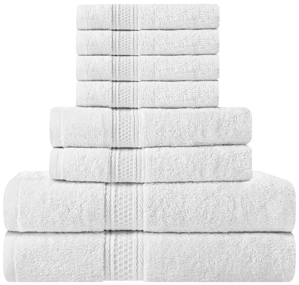 8 Piece Towel Set (White); 2 Bath Towels, 2 Hand Towels and 4 Washcloths - Cotton - Machine Washable, Hotel Quality, Super Soft