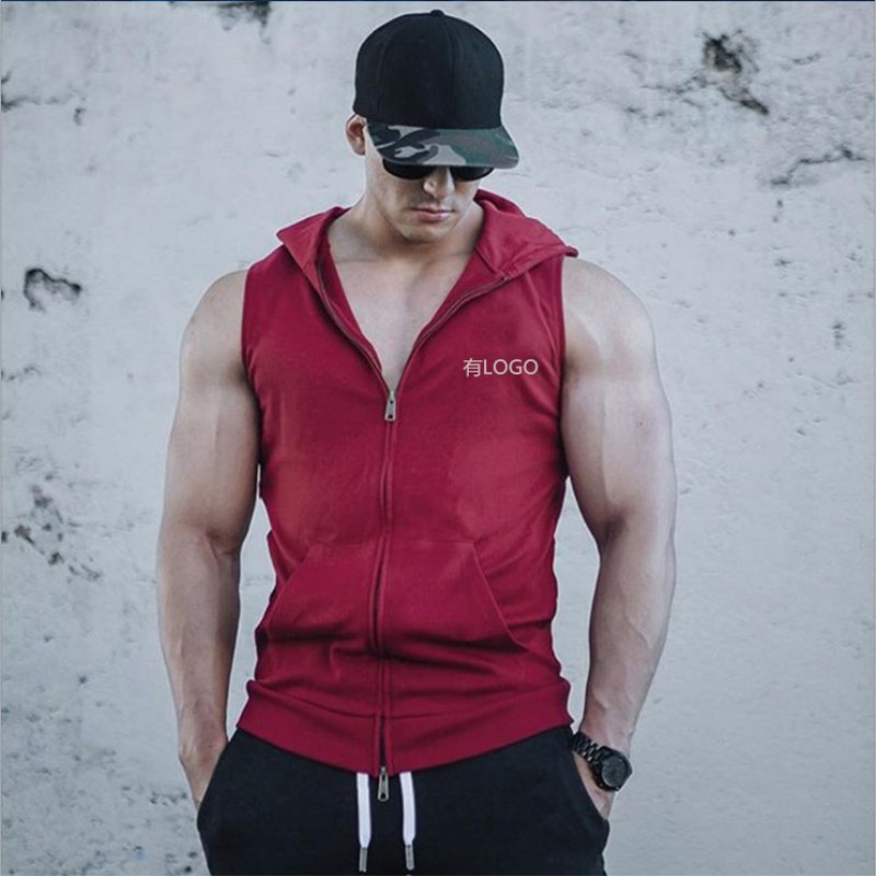 Dry Fit Red Zip up Sleeveless Hoodie YOKE of Hoodie Men