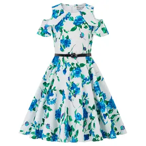 DB Kids Girls Floral Pattern Short Sleeve Cold Shoulders Cotton A-Line Dress DB000039