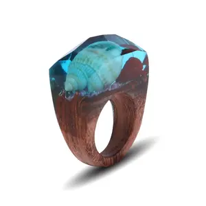 Custom Statement Finger Jewelry Handmade Natural Sea Beach Conch Scenery Landscape Wood Band Light Blue Epoxy Resin Wooden Ring