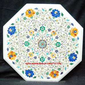 โต๊ะหินอ่อนสีขาวทำด้วยมือที่สวยงามฝังด้านบน - Product Image 1