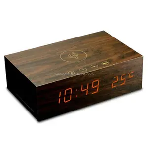 新しいホットW1-qi木製ワイヤレスブルートゥース目覚まし時計スピーカーボックスW/温度計 & アラームワイヤレス充電パッドマットウッドBTスピーカー
