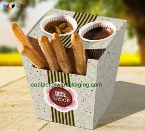 Disesuaikan ukuran logo food grade bentuk kerucut churros kemasan kertas kotak pemegang wadah pembawa dengan cangkir