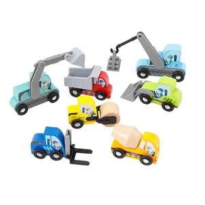 Sıcak satış 7 adet ucuz çocuklar ahşap Mini oyuncak arabalar iş makinesi Mini geri çekin kamyon