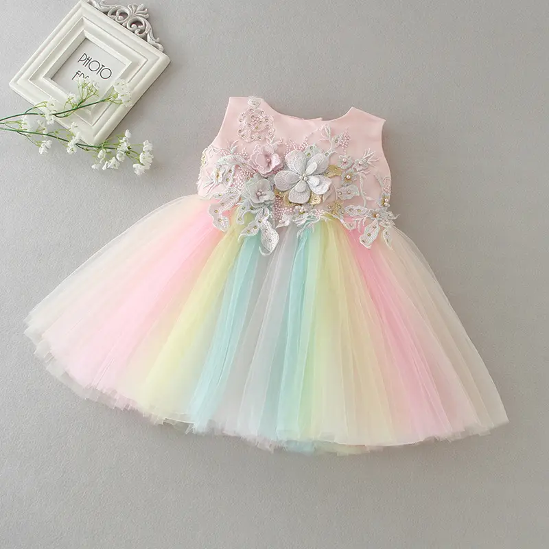 Vestidos de alta calidad para niña pequeña, vestidos de arcoíris, apliques de princesa, tul de encaje para niña pequeña, tutú rosa, vestido Floral