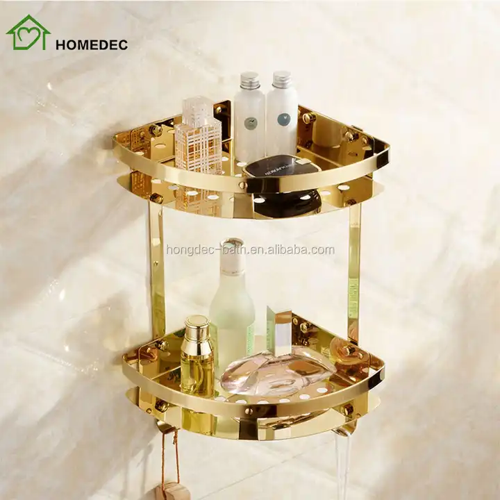 Luxury Gold Brushed Brass Bathroom Corner Shelf Wall Mounted Hotel