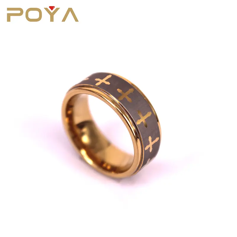 POYA Jewelry 8mm Vintage Style Laser Cross Ring Designs Rose Gold Plated Tungsten Engagement Wedding Bands For Girls And Boys