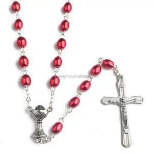 Religious Jewelry Custom Items 6*8mm Oval Red Color Pearl Beads First Communion Holy Rosary Catholic Necklace