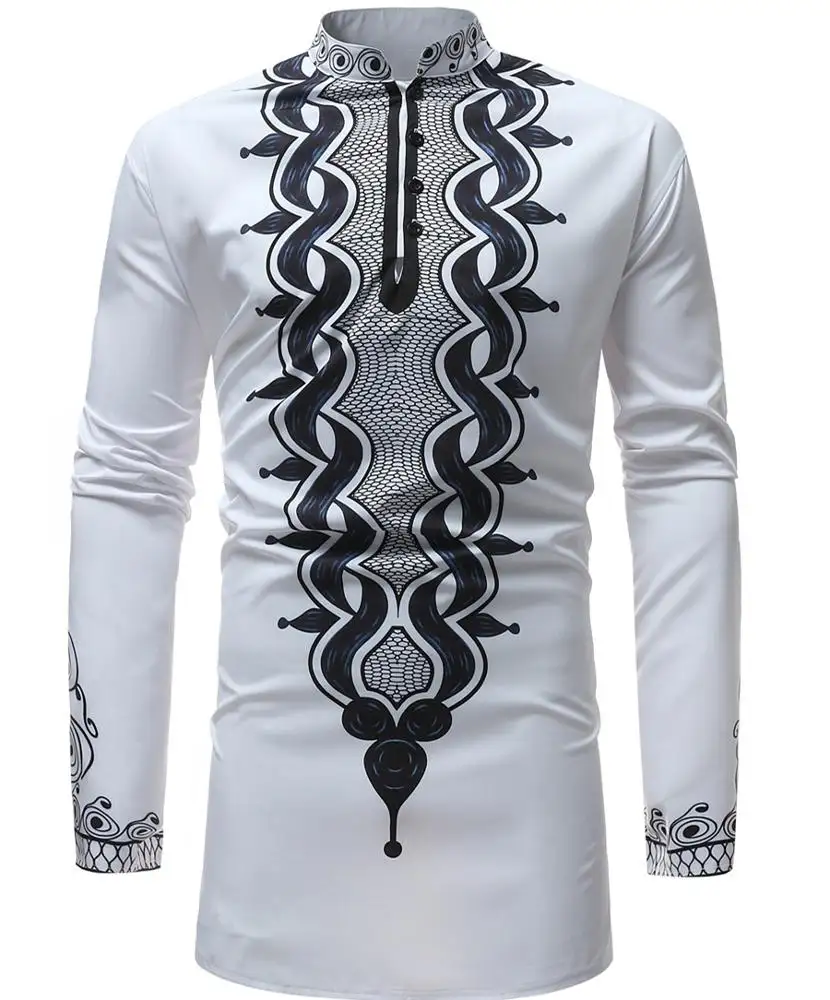 A4160 Monogram African wind national black printed white long sleeved dress shirt