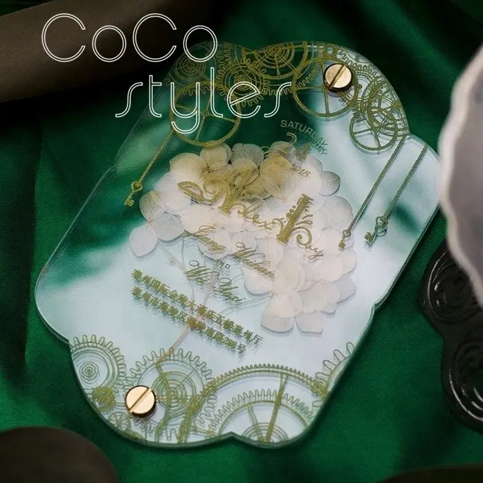 Cocostyles 맞춤형 크리 에이 티브 화이트 보존 신선한 꽃 아크릴 초대 카드 기계 테마 웨딩