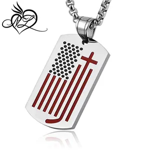 Hockey Cross American Flag Patriotic Dogtag Pendant Religious Faith Prov 30:5 Necklace