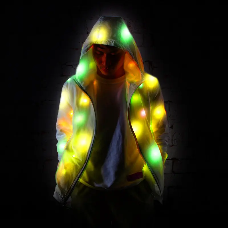 Jaket Cahaya Led Oemtailor Jaket Cahaya LED Mantel Bar Halloween Jaket Bomber Kain Hip Hop Putih Poliester Dicetak