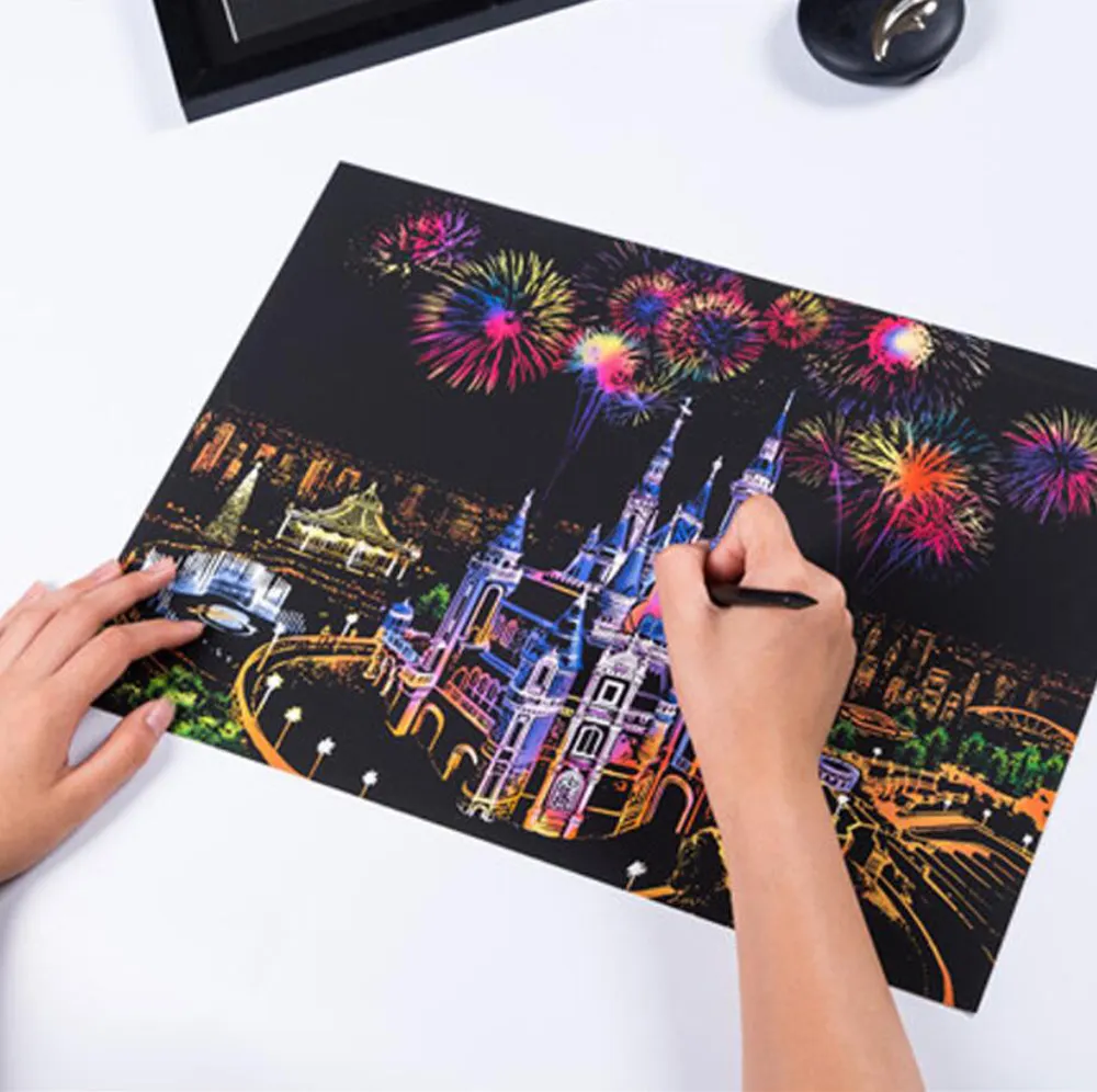 Stock 49 Designs Newest Rainbow City Night Landscape Painting Sketch Pad Handmade Art Color Changing Magic Scratch Art Paper