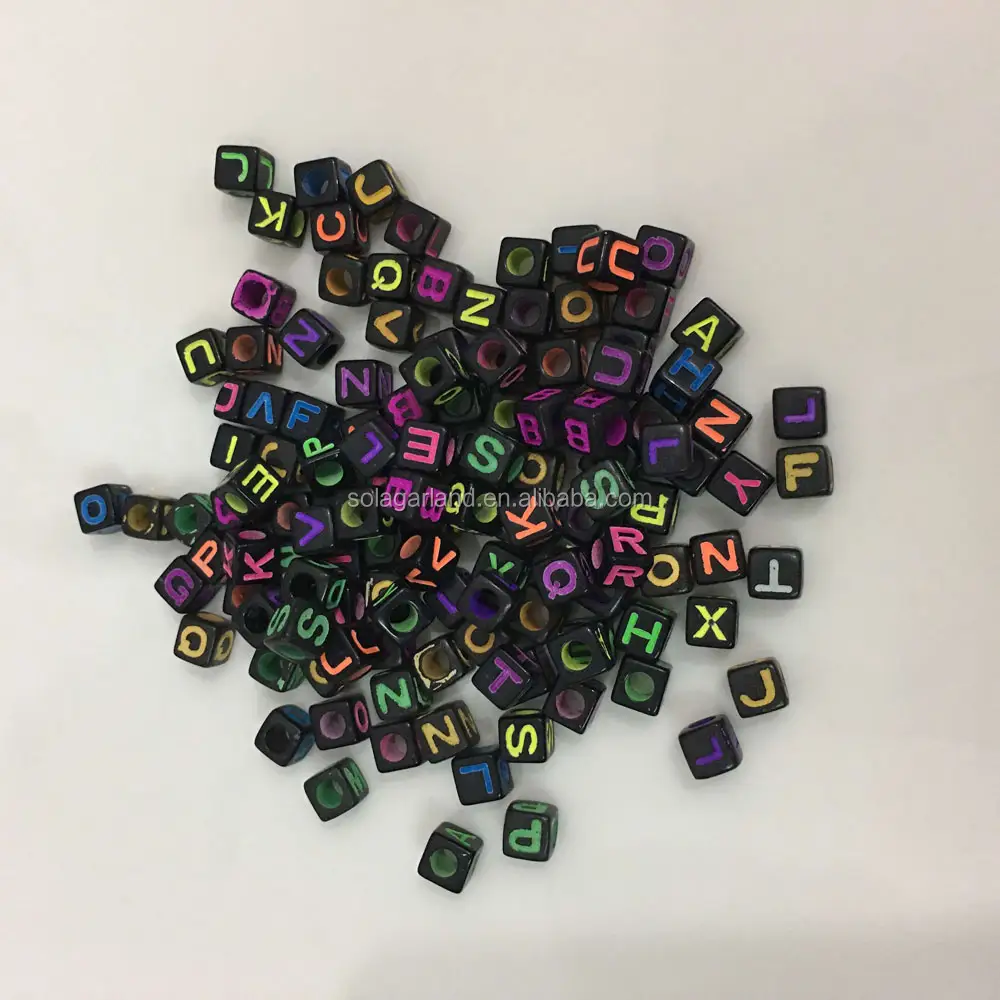 Fashion Jewelry DIY Black 7MM Cube Acrylic Alphabet Letter Neon ABC Beads with 4MM Big hole