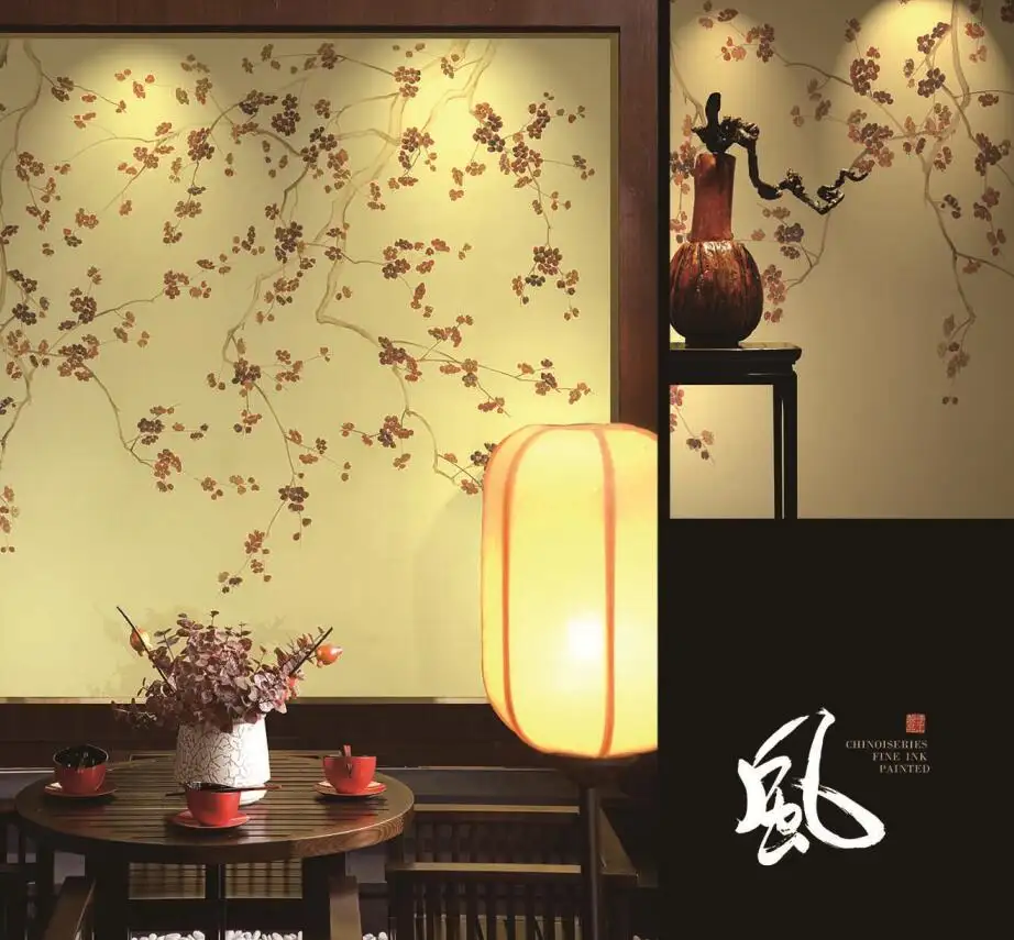 Plum Blossom Chinoiserie Non-woven Fine Ink Hand Painted Wallpapers