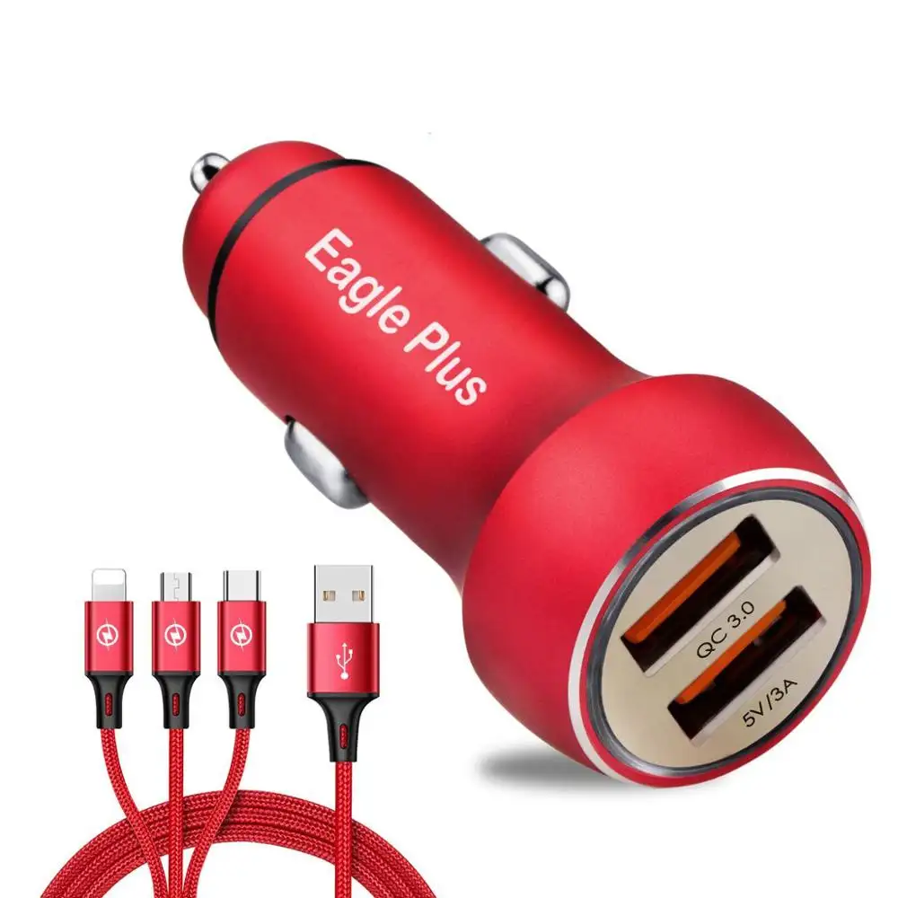 Mini Dual Usb Port 5V 3A Quick Charge 3.0 Fast Car Charger Set Packing with Nylon 3 In 1 Data Cable