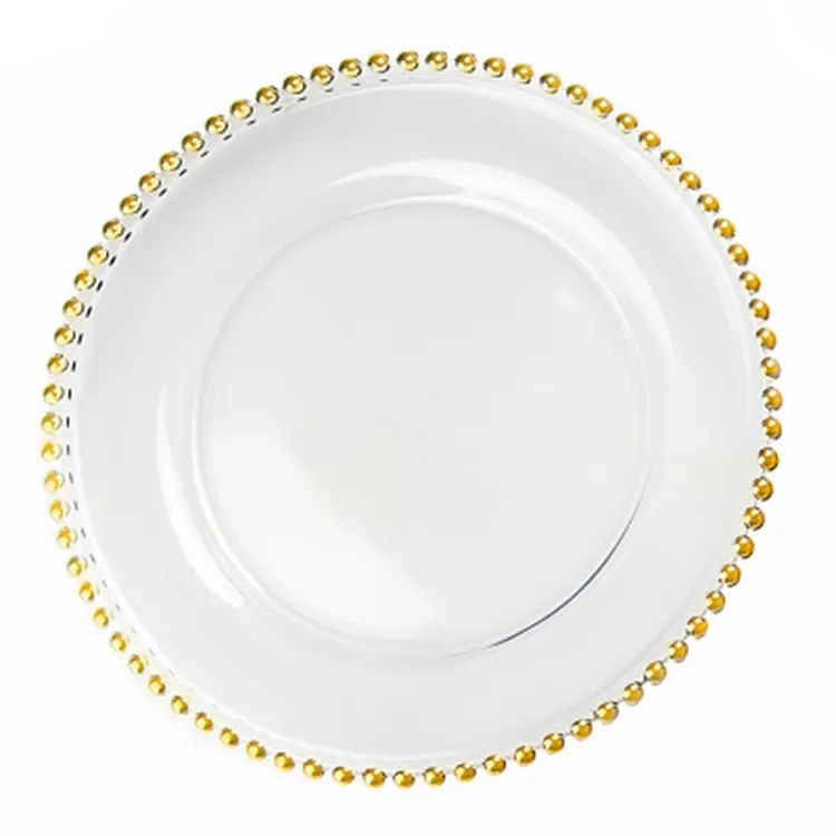 Assiettes en verre Plaques de présentation perlées Or Vente en gros Argent 13 pouces Décorations de fête de Saint-Valentin minimalistes de mariage clair
