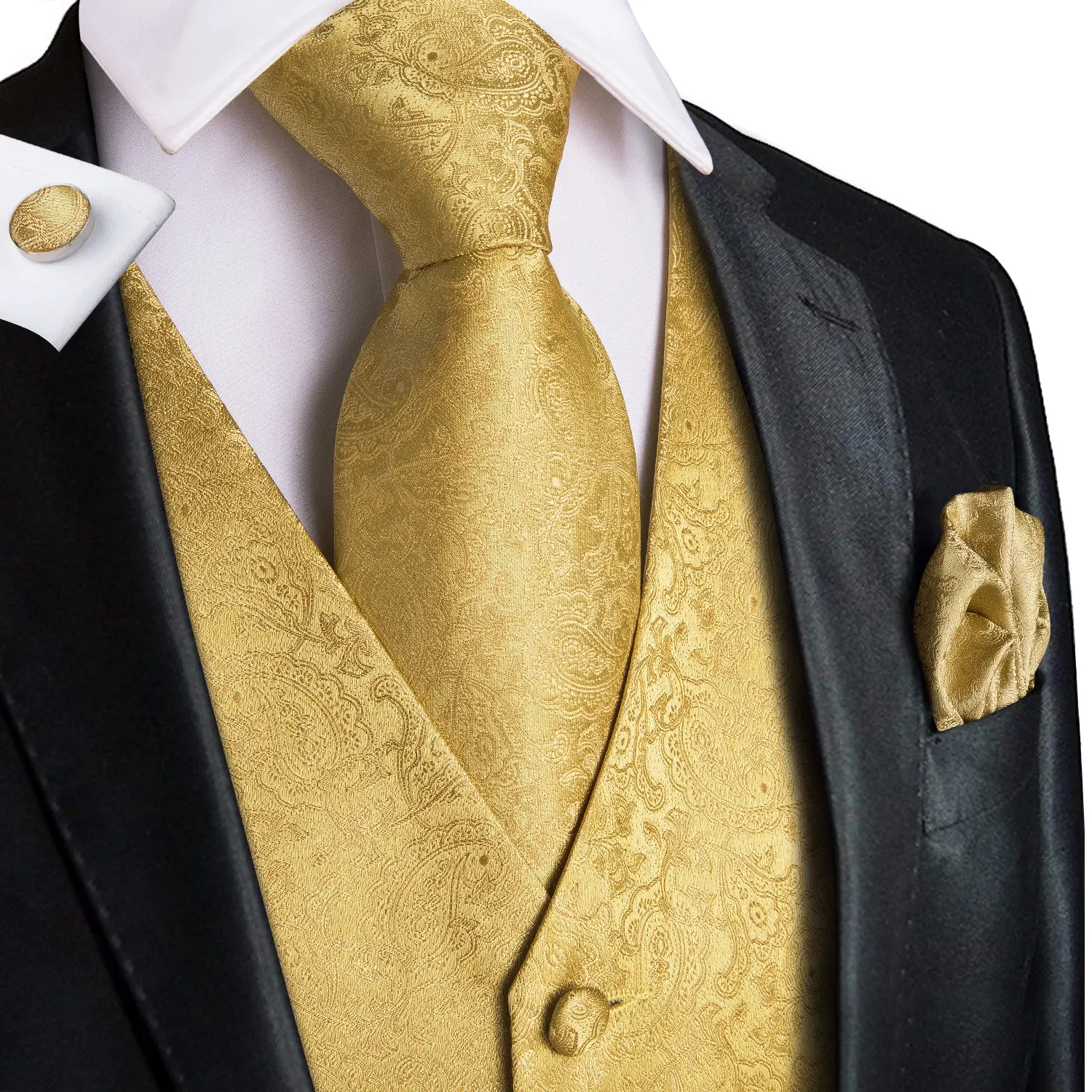 कस्टम नवीनतम डिजाइन शादी औपचारिक Mens वास्कट के लिए पॉलिएस्टर पैस्ले पीला निहित सूट वास्कट पुरुषों