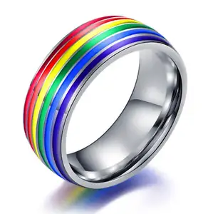 Anel de orgulho de lgbtq de aço inoxidável, orgulho do arco-íris para faixas lesbianas e gay, noivado e casamento